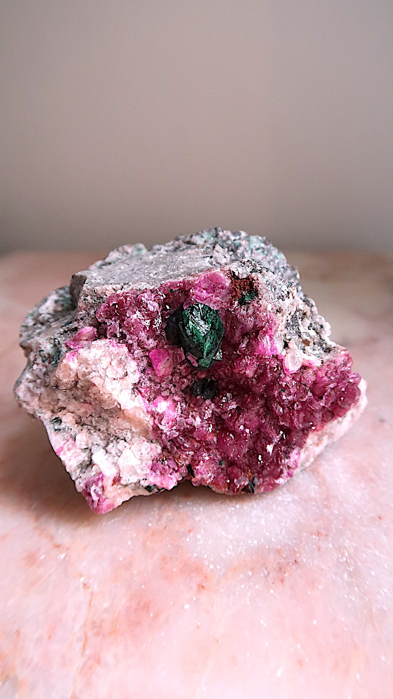 Pink Cobalt Calcite With Malachite Crystal