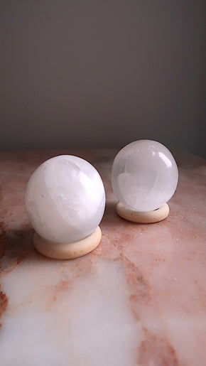 Selenite Sphere with Wooden Stand