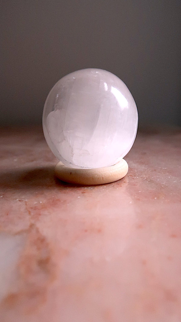 Selenite Sphere with Wooden Stand