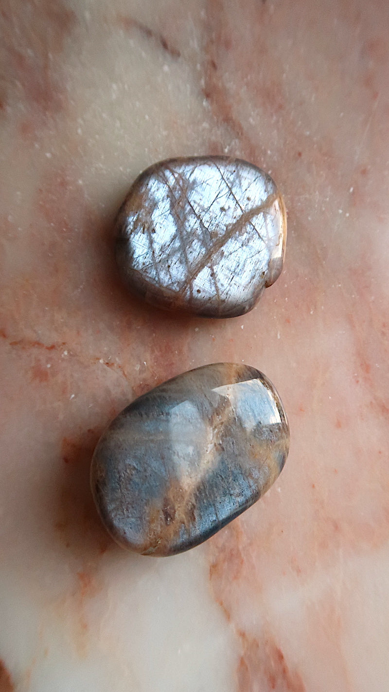 Silver Peach Moonstone Palm Stones