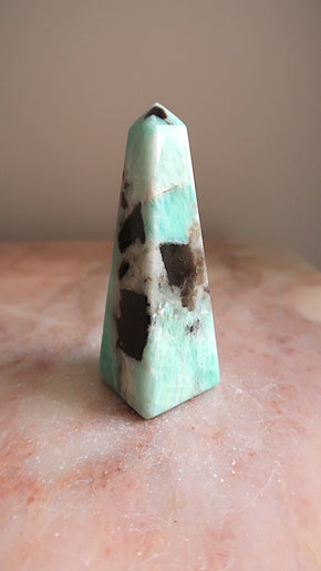 Amazonite with Smokey Quartz & Tourmaline Obelisk