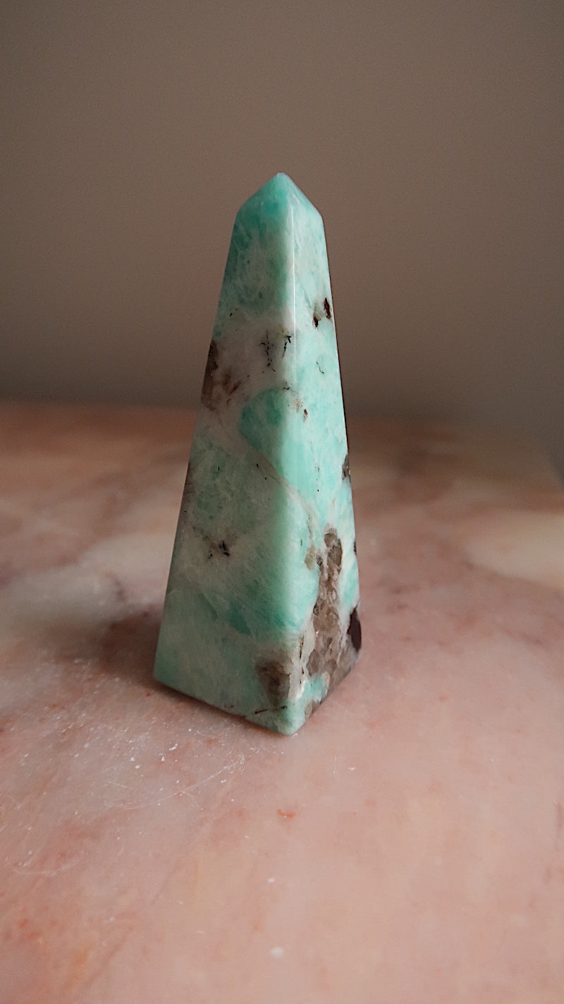 Amazonite with Smokey Quartz & Tourmaline Obelisk